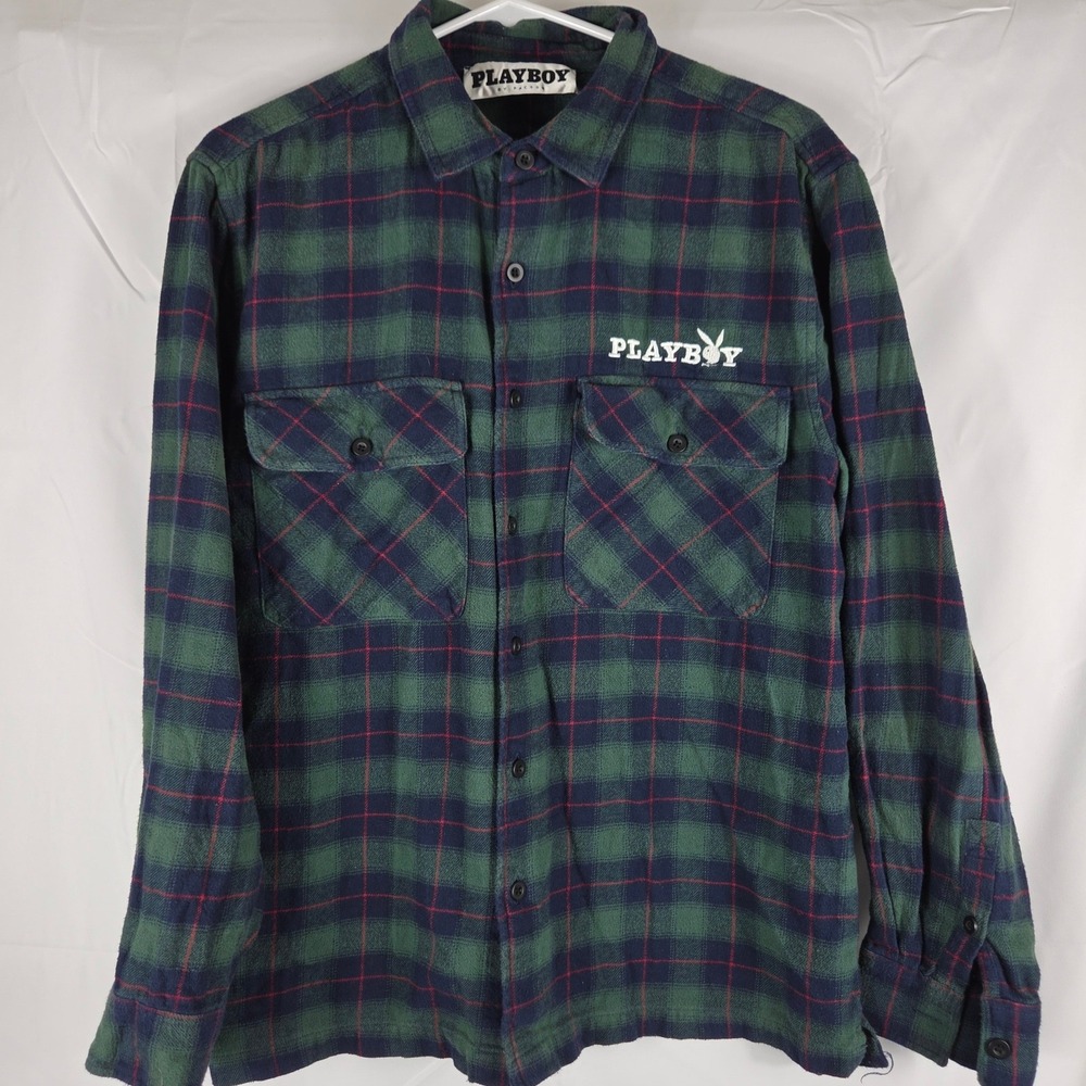 Playboy by PacSun Mens Green Blue Plaid Flannel Button Down Shirt Medium Logo